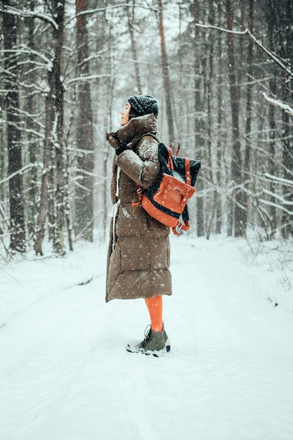 mulher no casaco marrom que transporta o bebê no casaco marrom no chão coberto de neve durante o dia