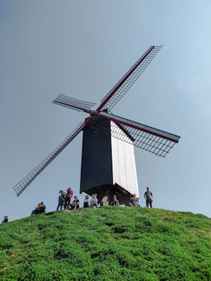 people standing on green grass field near brown and white windmill during daytime