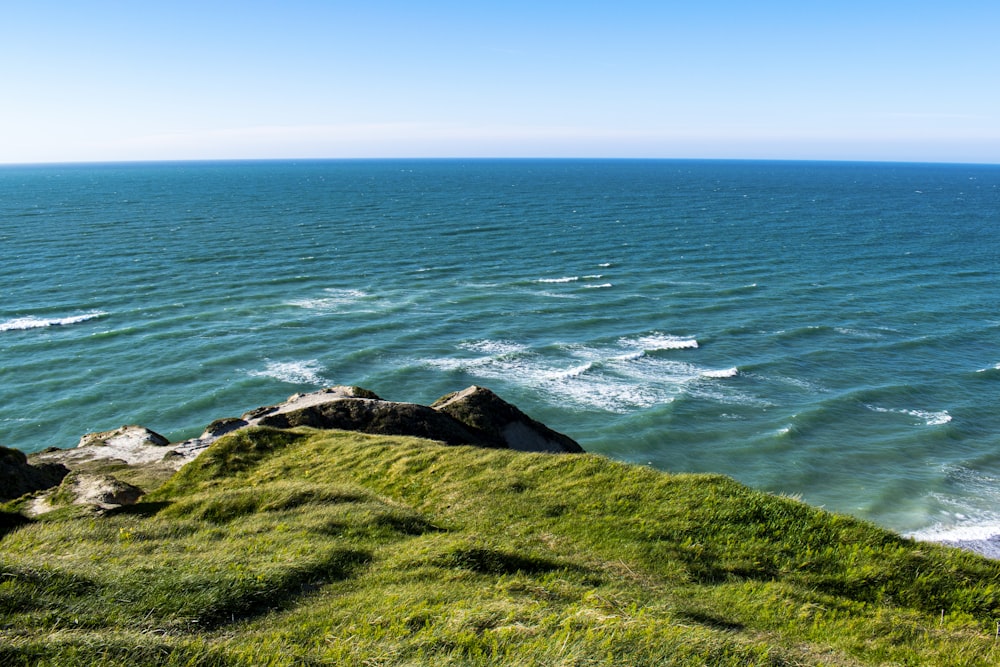 green grass field near blue sea under blue sky during daytime