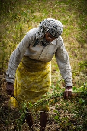 A caregiver gently assisting a smiling senior woman with gardening outdoors on a sunny day.