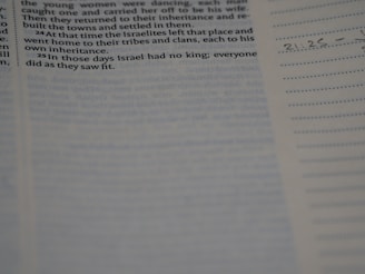 A close-up view of a page from a Bible, with highlighted text from the book of Judges. Some handwritten notes and markings are visible along the margins.