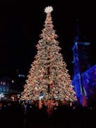 people walking on street near christmas tree with string lights during night time