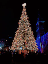 people walking on street near christmas tree with string lights during night time