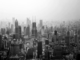grayscale photo of city buildings