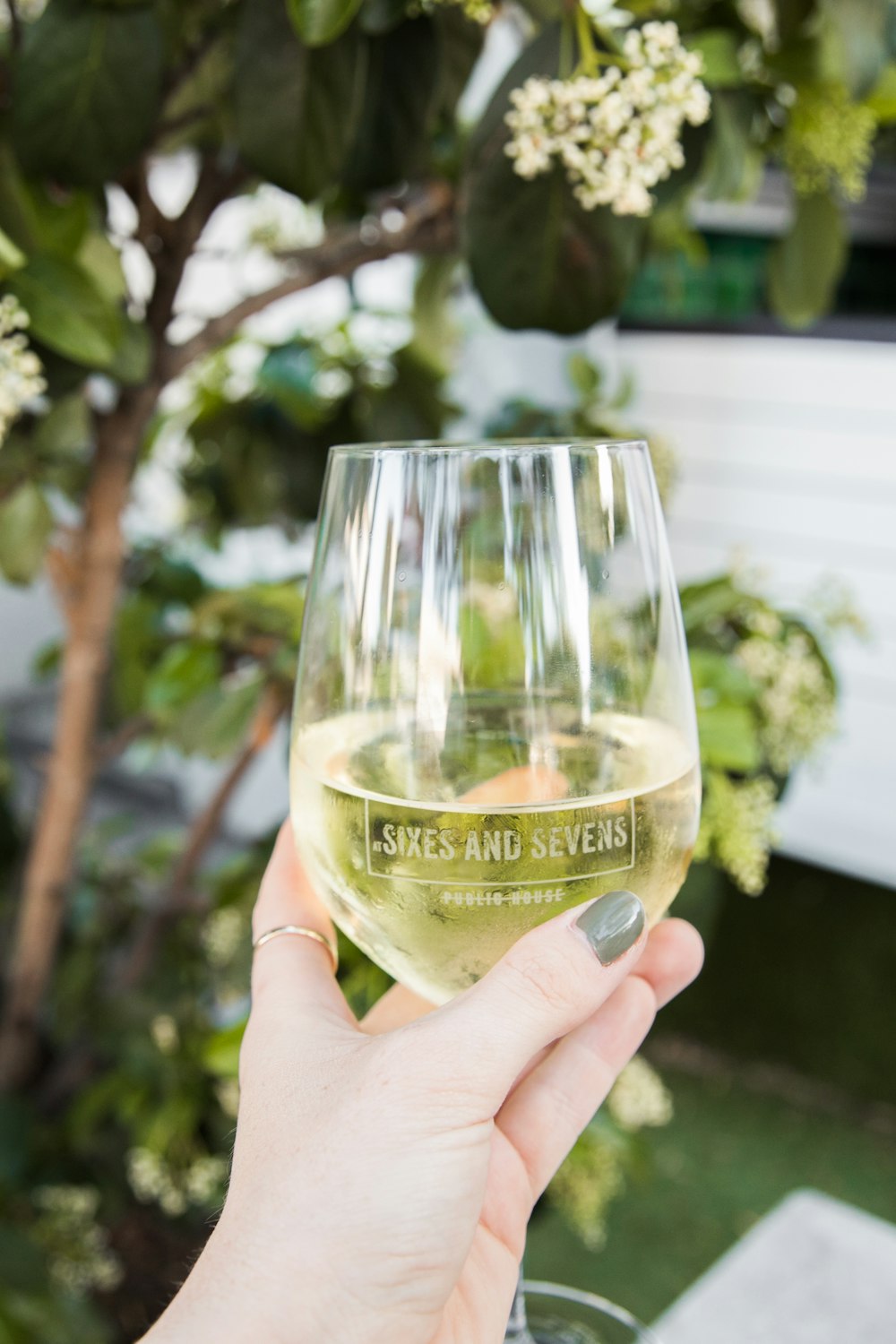 personne tenant un verre à vin transparent avec un liquide vert