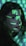 A person is seen with bright green digital symbols projected onto their face and hair. The symbols resemble characters from a computer screen, giving a futuristic or cybernetic appearance against the dimly lit background. The person has long dark hair and is looking sideways.