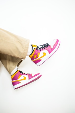 Close-up of colorful sneakers paired with casual outfits.