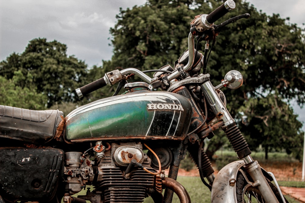 green and black motorcycle near green trees during daytime