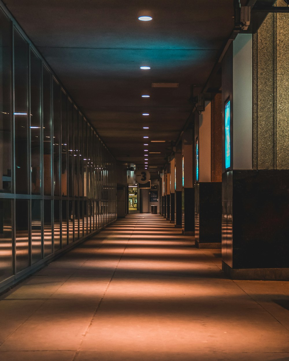 hallway with blue walls and glass windows