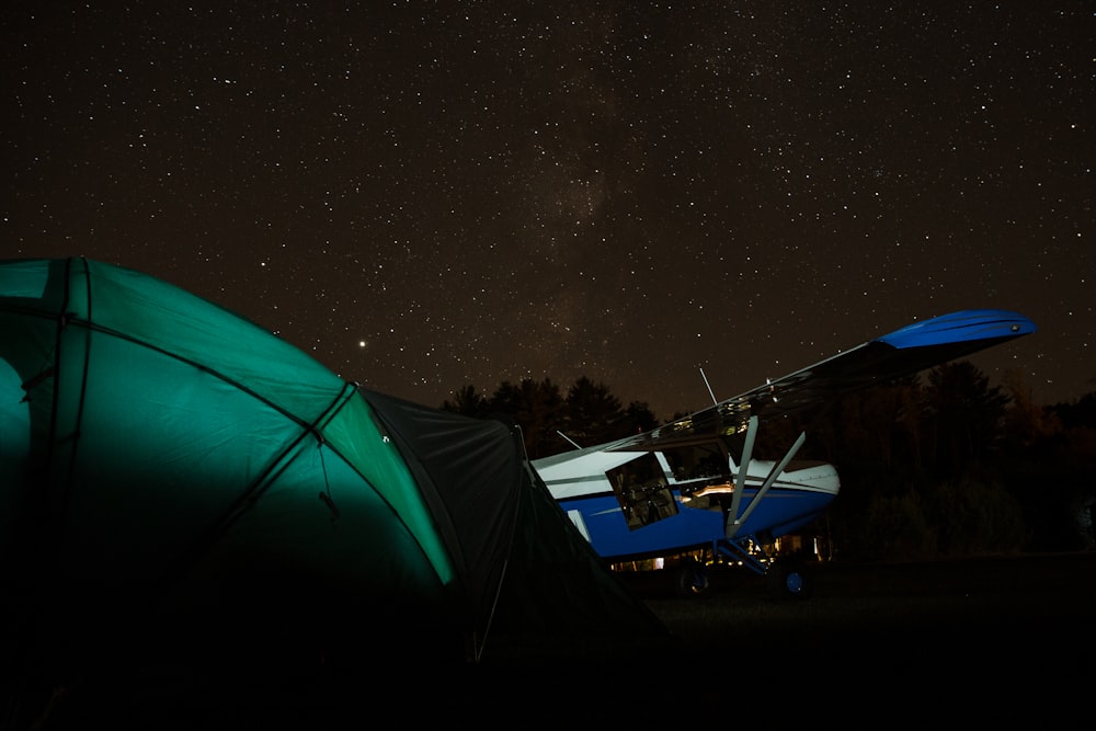 blue tent under starry night