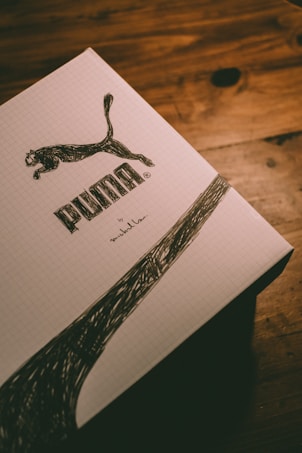 A Puma shoe box featuring a grid pattern design on its surface. The box displays the Puma logo, which includes a leaping puma, and the brand name written in bold letters. There is also a signature scribble and graphic design on the box. The background consists of a wooden surface that adds a rustic feel.