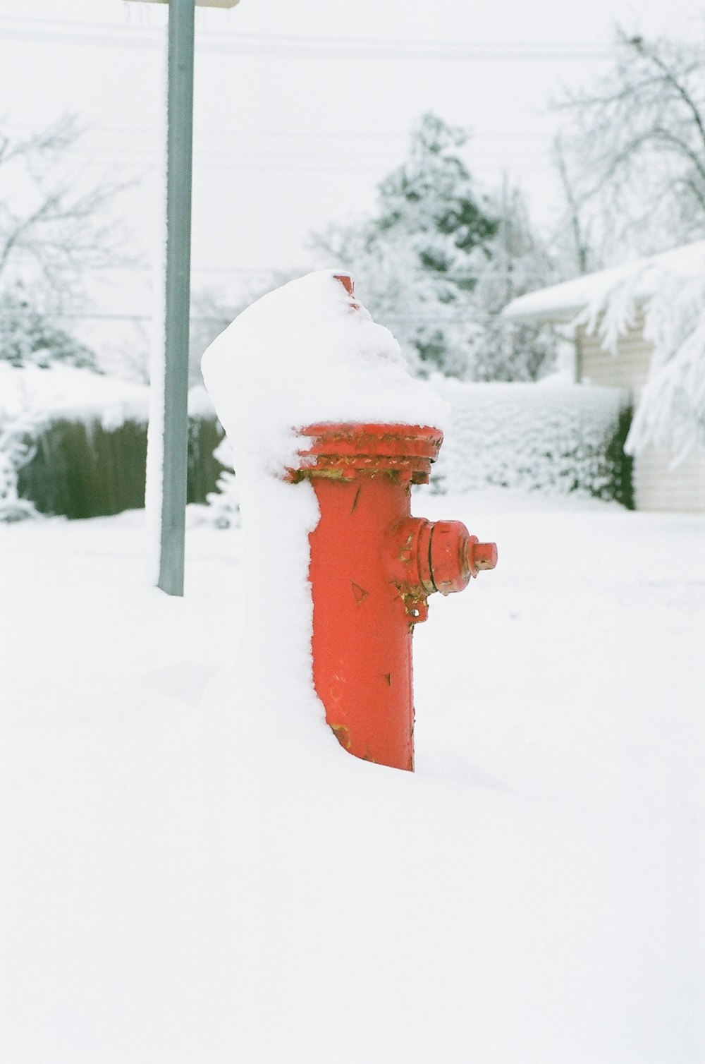 red fire hydrant covered with snow