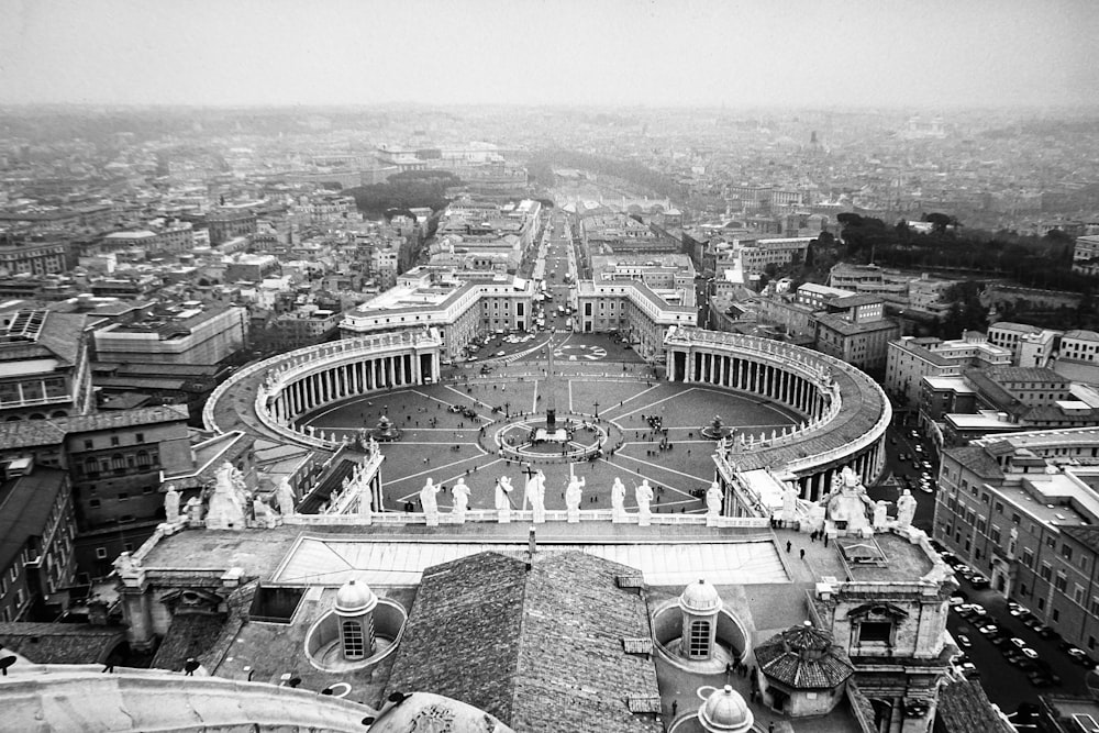 grayscale photo of city buildings