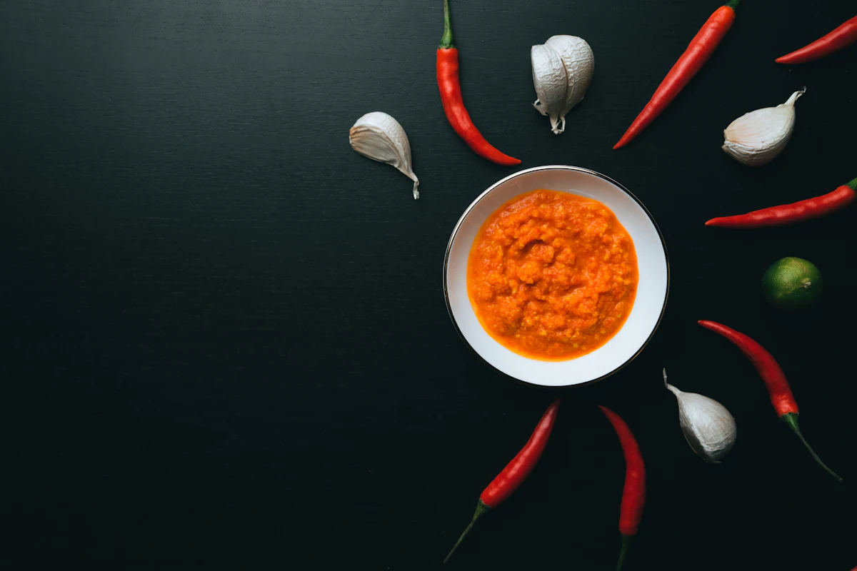 Mangkuk berisi sup cabai merah aestetik dengan peralatan makan menggambarkan bahan utama saus lava untuk Mie Lava Pedas viral