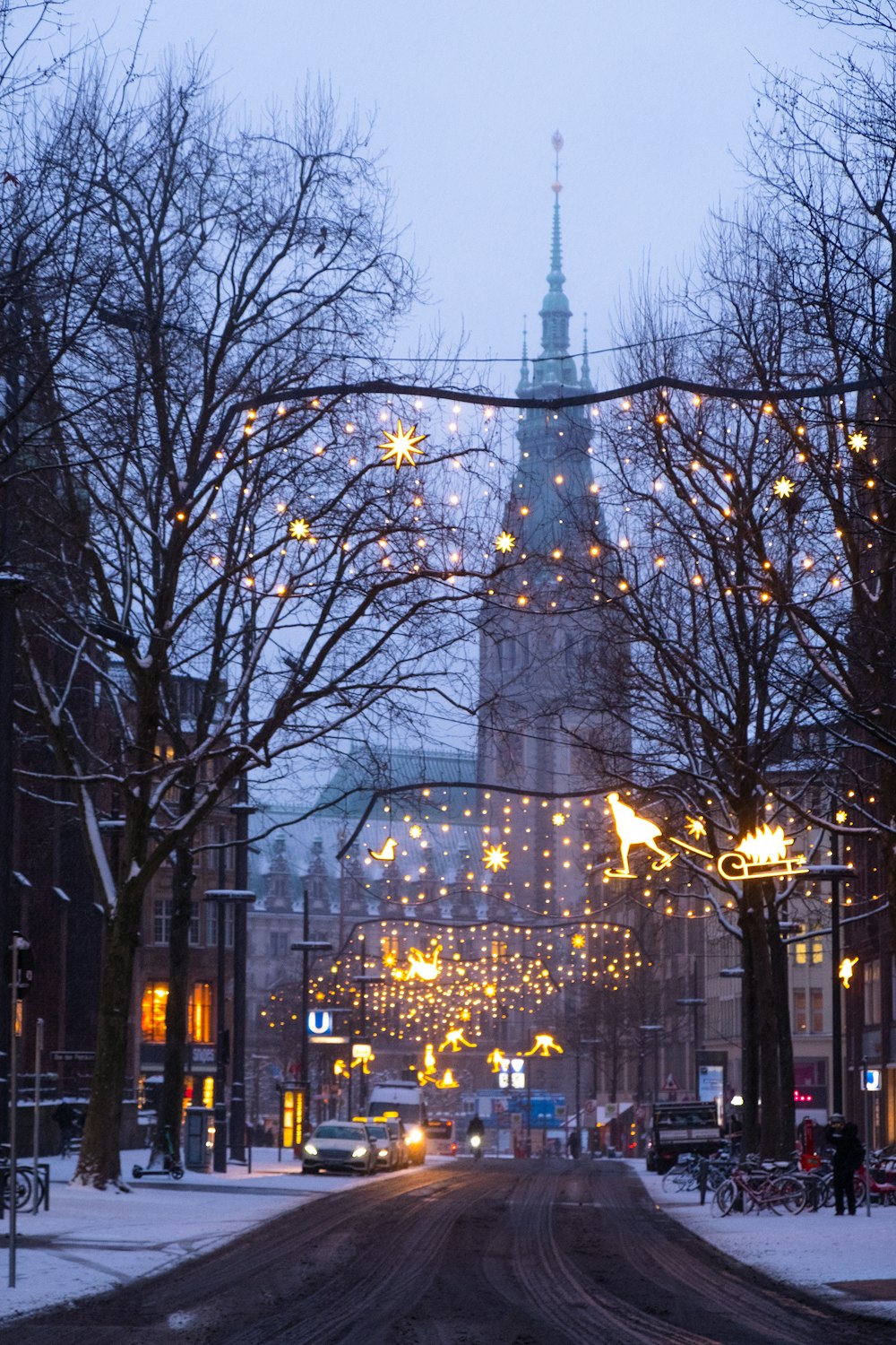 bare trees near building during night time