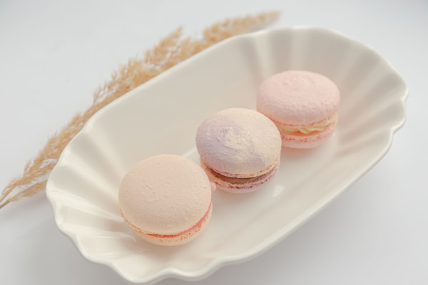 Three pastel-colored macarons are neatly arranged on a white, scalloped ceramic dish. In the background, delicate dried grasses add a natural, rustic touch to the composition. The macarons have soft hues of pink and beige, with a creamy filling visible between the shells.