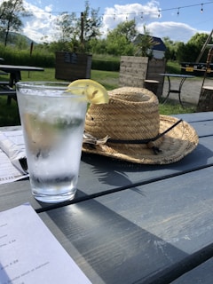 A serene morning scene with a glass of alkaline water and fresh lemon slices on a wooden table surrounded by green plants.