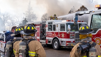 A group of firefighters in protective gear are managing a fire scene. They stand near a fire truck, which is actively spraying water. Smoke billows in the background, indicating a fire being tackled. The firefighters are wearing helmets and have equipment strapped to their backs.