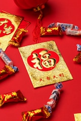 A collection of red and gold decorative items, featuring golden envelopes with Chinese characters, surrounded by individually wrapped candies, and parts of a hanging lantern. The arrangement is on a red background, emphasizing a festive and traditional theme.