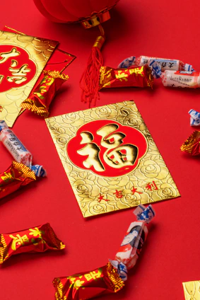 Vibrant Japanese snack set themed for Imlek with red and gold accents