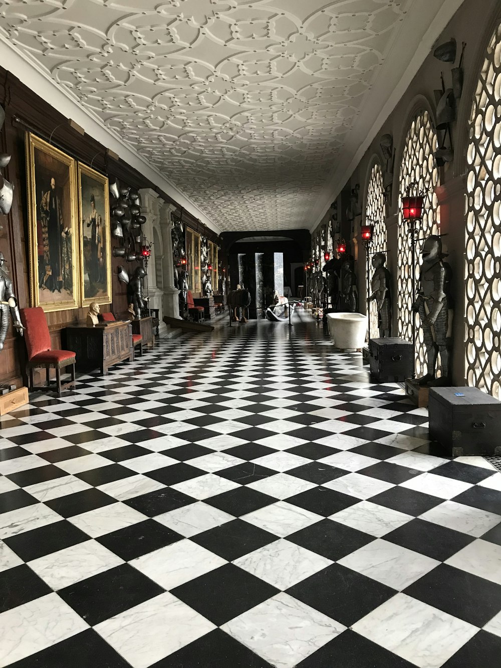 black and white checked floor tiles