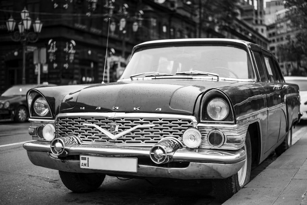 grayscale photo of classic car