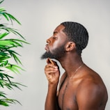 A man is grooming his beard with a comb, standing in profile against a plain background. A lush green plant is visible on the left side of the image, adding a natural element to the scene. The man's skin tone is complemented by the neutral backdrop and the greenery.
