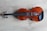 A violin is laid flat on a light wooden surface. The violin has a rich, brown varnish that highlights its natural wood grain, complemented by black tuning pegs and fingerboard. The subtle textures and patterns of the wooden background enhance the elegant simplicity of the instrument.