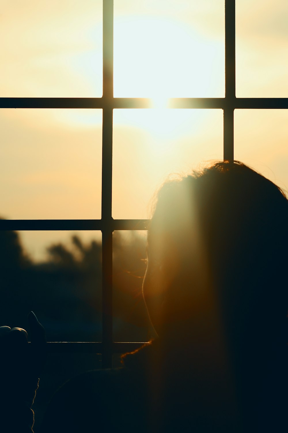 silhouette of person sitting on chair near window during sunset