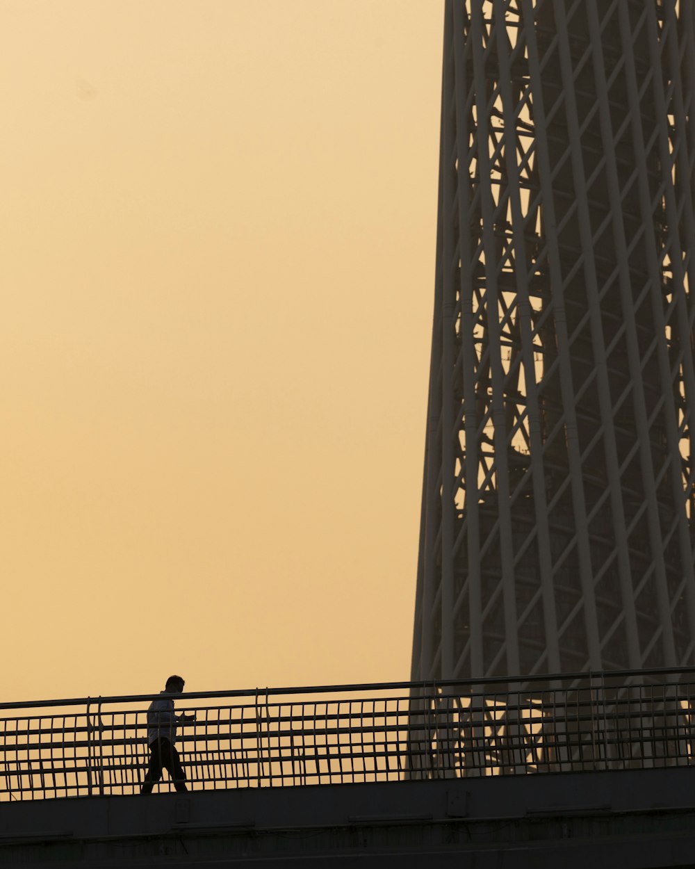 silhouette of person standing on bridge during sunset