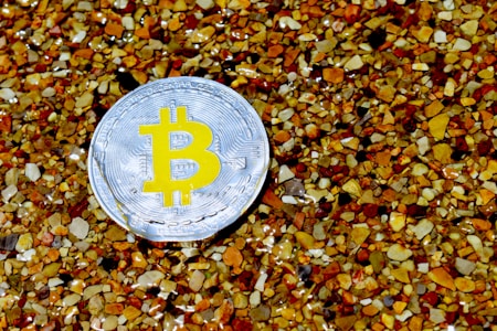 A silver coin with a yellow Bitcoin symbol rests among small, multicolored pebbles, partially submerged in water.