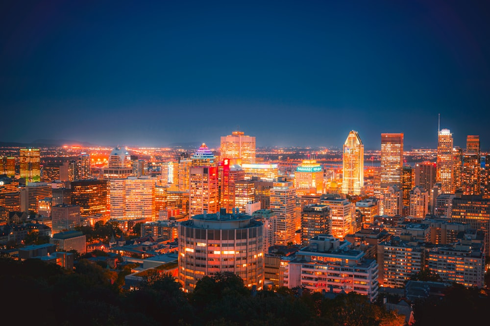 city skyline during night time