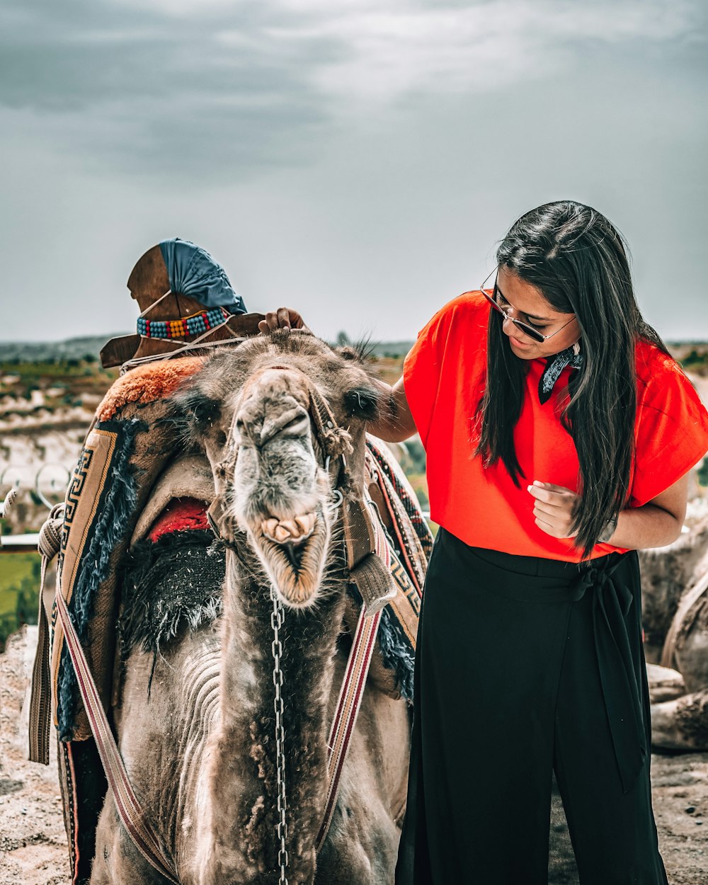 woman in black dress standing beside brown camel during daytime