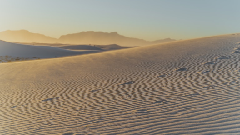 Golden hour light casting long shadows over ancient ruins in a desert landscape.