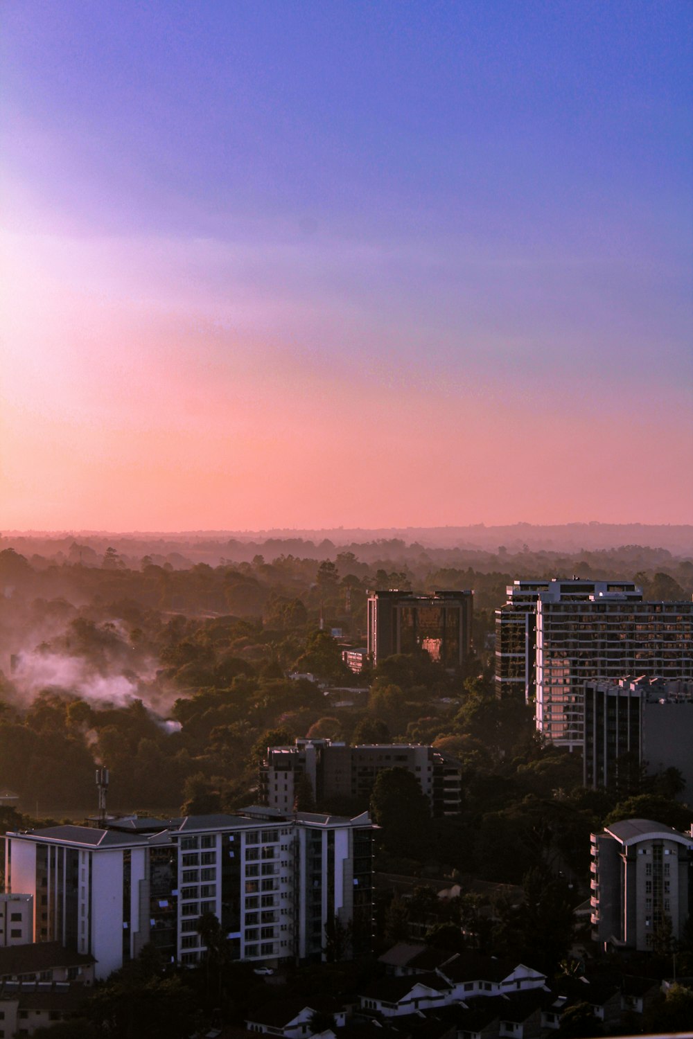 city with high rise buildings under orange sky