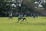 A group of young athletes playing soccer on a grassy field, surrounded by trees and a fence. Players are wearing matching blue uniforms, and a few are in yellow pinnies. The scene is set under a clear sky with ample sunlight.