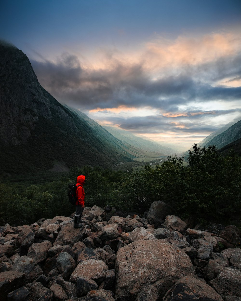 person in red jacket standing on rocky ground near green mountains under white cloudy sky during