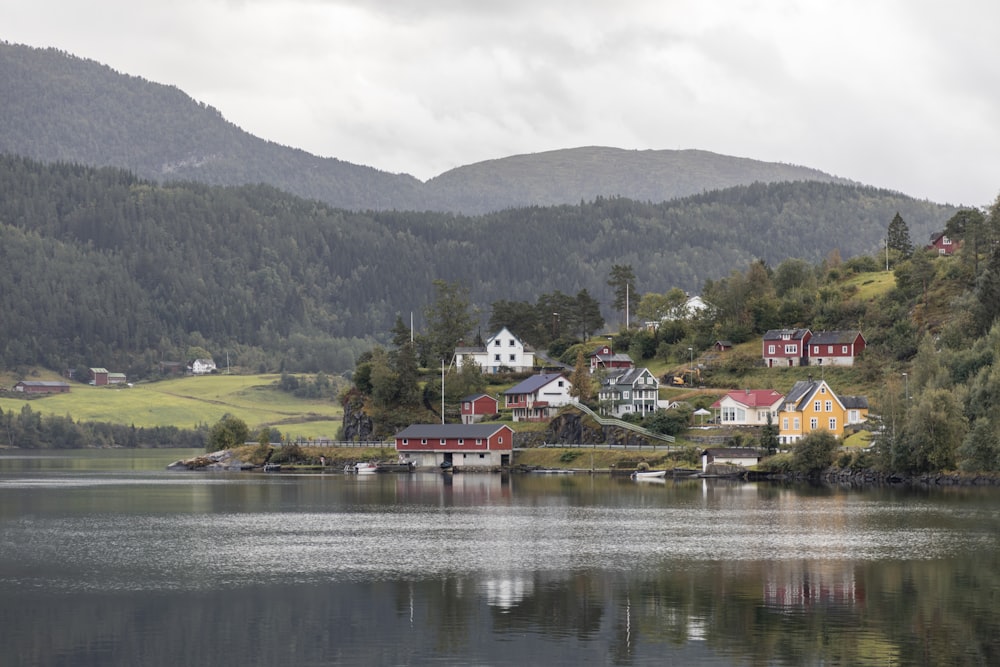 houses near lake and green mountains during daytime