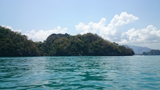 A serene seascape with calm turquoise waters and lush green islands under a bright blue sky. Puffy white clouds float above the islands, adding depth to the horizon. The tranquility of the scene is enhanced by the soft ripples on the water's surface.