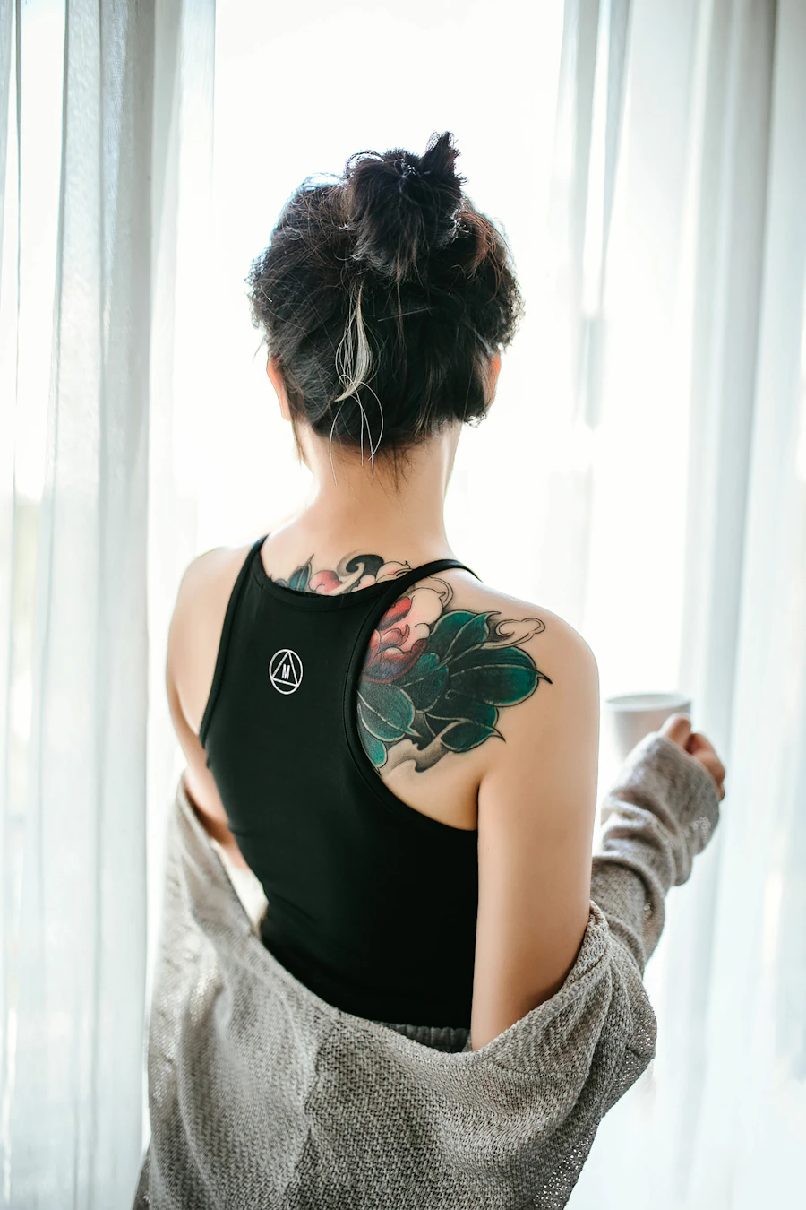 Japanese-style green peony shoulder and back tattoo