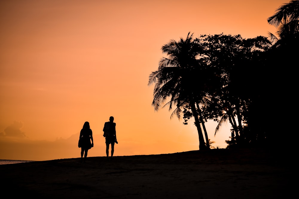 silhueta do homem e da mulher em pé na areia durante o pôr do sol