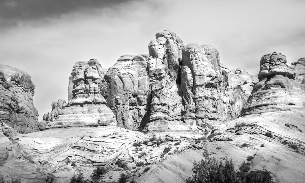 grayscale photo of rocky mountain