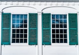 Two large windows with multiple panes, each flanked by green shutters on a white building. The windows reflect the blue sky and tree branches, suggesting an outdoor scene.