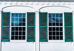 Two large windows with multiple panes, each flanked by green shutters on a white building. The windows reflect the blue sky and tree branches, suggesting an outdoor scene.