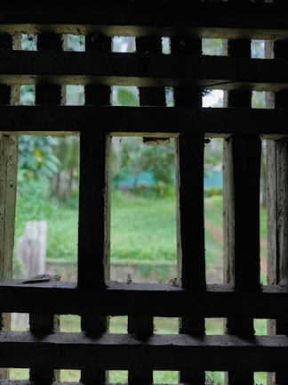 A wooden slat privacy screen providing shade and elegance to a cozy garden patio.