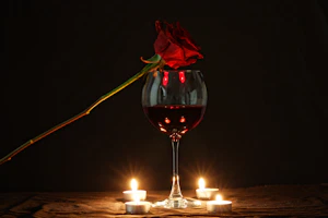 A delicate crimson red rose resting beside a gold-rimmed champagne glass on a white linen table.