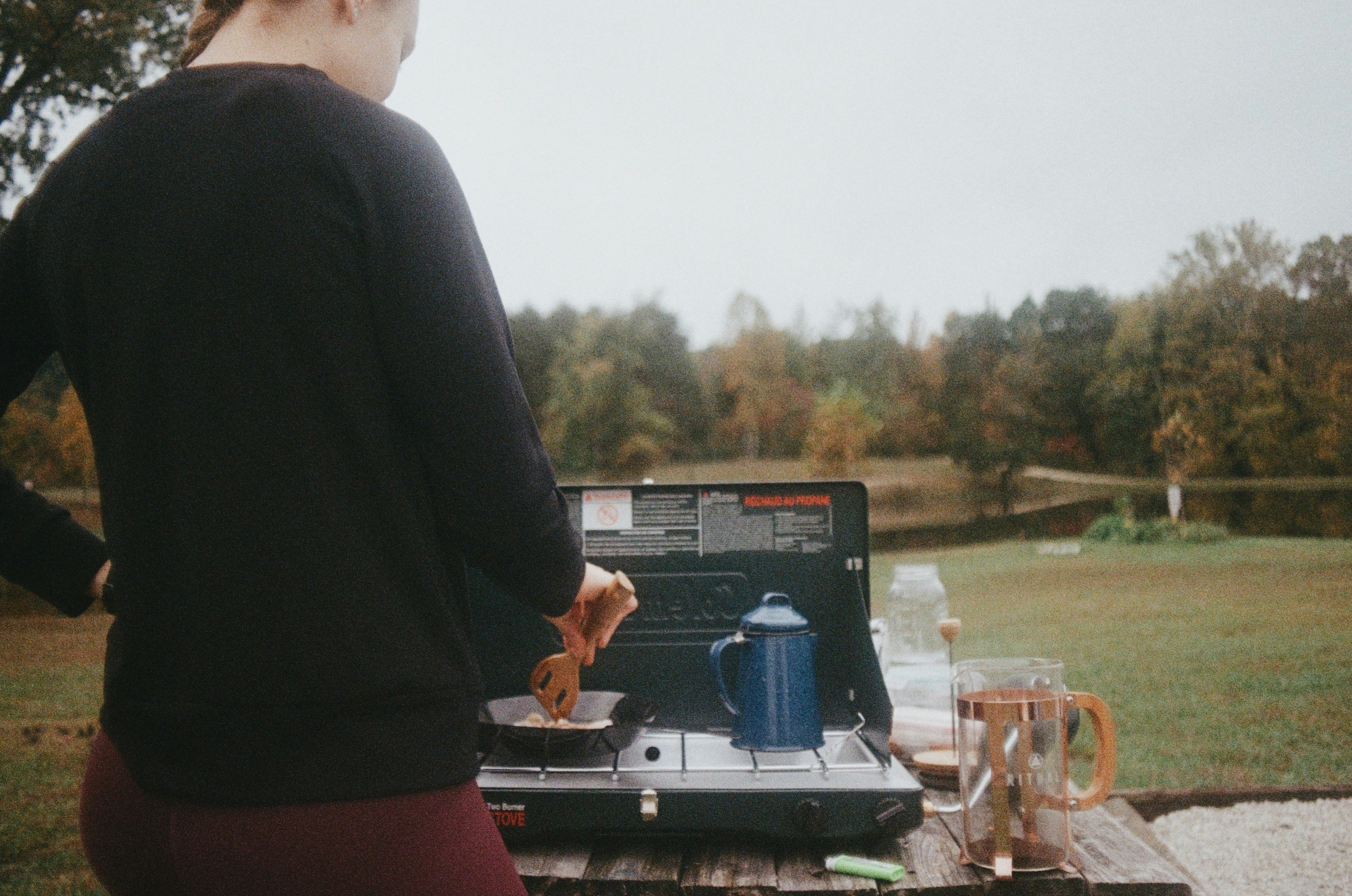 bacon, eggs, and coffee.