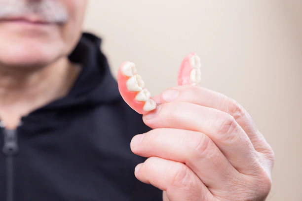 Close-up of a smiling patient holding a set of dentures in a bright dental clinic.