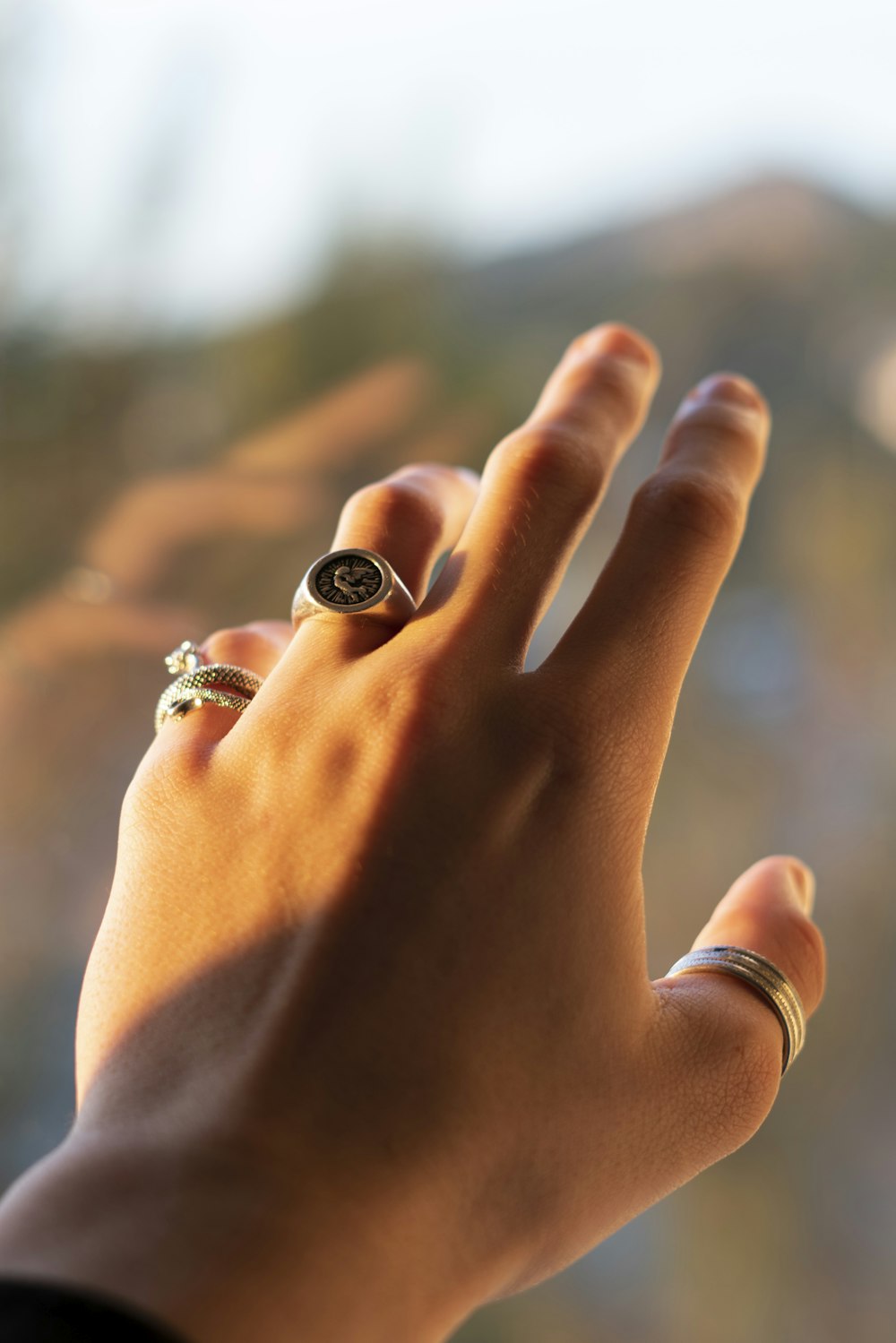 person wearing silver and black ring