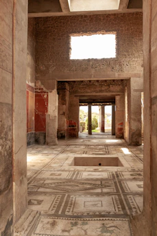 An ancient Roman mosaic floor brightly lit by sunlight filtering through trees at a historical Pannonia site.